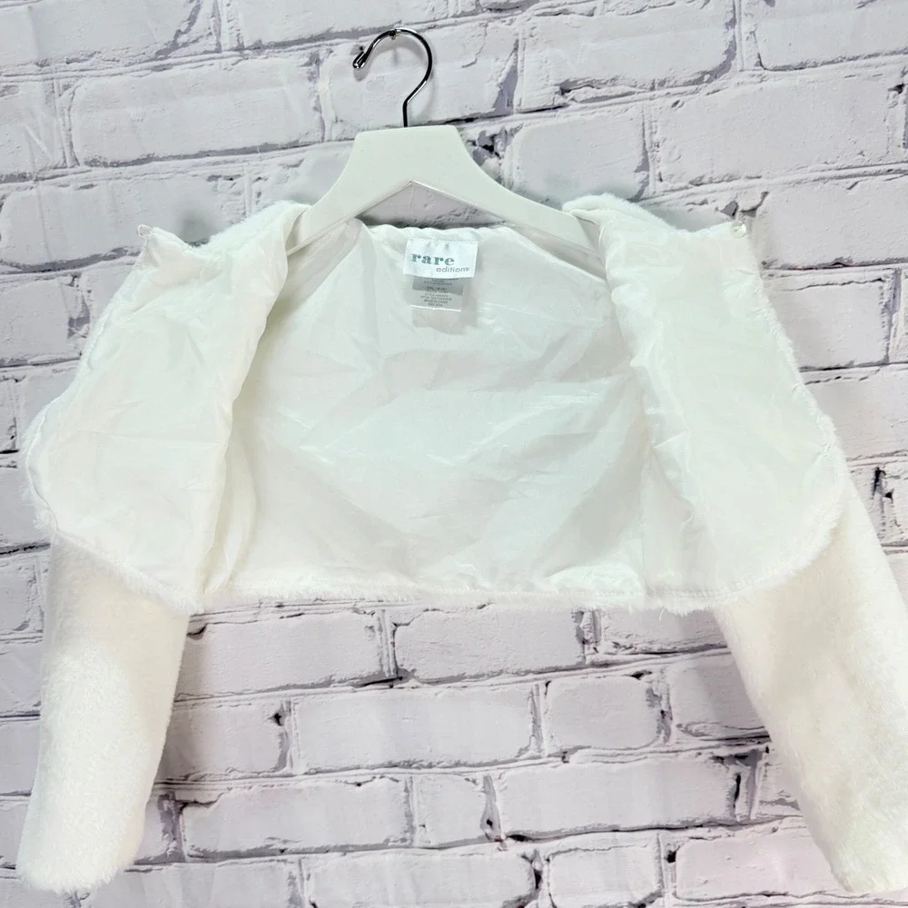 Rare Editions Shrug Girls M 7/8 White Faux Fur Bolero Jacket Formal Coquette